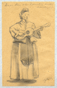 32796 Afbeelding van een gitaarspelende vrouw tijdens een kermis te Utrecht.